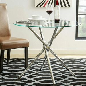 Glass Dining Table – Modern Dining Table with Silver Metallic X Legs & Tempered Glass Top