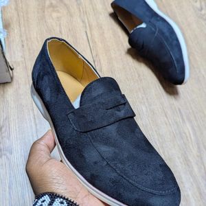Men's Premium Midnight Black Suede Penny Loafers -Black Comfort Sole - Smart Casual Slip-On Moccasins - Formal Office & Wedding Shoes - Stealth Black - Size 40-45