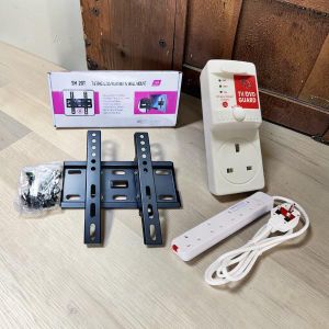 Space Saving Skilltech 15-43in Tilt TV Wall Mount Bracket + Power King 4Way Power Ext Cable + FREE FK TV Guard 