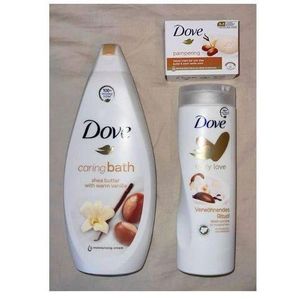 Dove Pampering Shower Gel + Intense Nourishment Body Lotion + Beauty Bar Soap â€“ Deep Moisturizing & Soft Skin Care Set