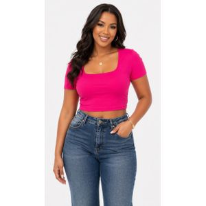 Hot Pink Fitted Crop Top – Short Sleeve Square Neck Top
