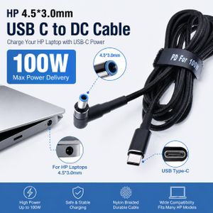 100W Type-C PD to DC 4.5*3.0mm for HP Blue Tip Laptop Fast Charging Cable – Dual Chip E-Mark Power Converter Adapter Cord for HP Envy, Pavilion, Spectre, EliteBook, Stream (Braided 1.8M)