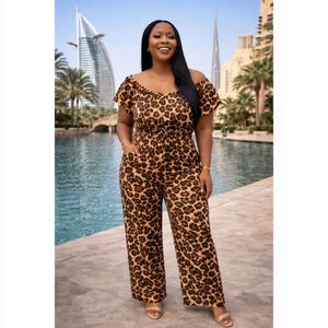 Bold Leopard Print Bardot Off-Shoulder Wide-Leg Silhouette Jumpsuit – Effortless Glam Look- Brown