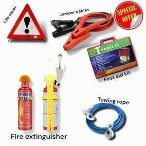 Fire extinguisher  First aid kit  A pair of life saver triangles  Jumper cables