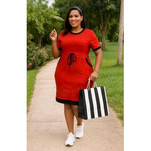 Women’s Casual Red Midi Dress with Contrast Trim – Comfortable Everyday Wear