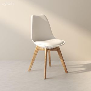 Modern Dining Chair – Plastic Seat with Cushion and Wooden Legs – Kitchen and Dining Room Chair – White