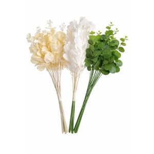 Elegant Artificial Leaf Stems – Cream, White & Green Decorative Flowers (3 Bundle Set)