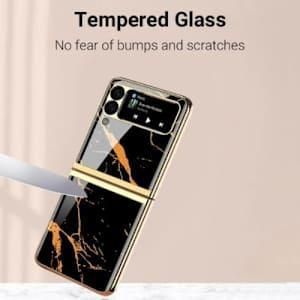 Luxury Black Gold Marble Cover for Samsung Galaxy Z Flip 6 – Stylish Shockproof Case with Built-in Screen Protector & Camera Lens Cover