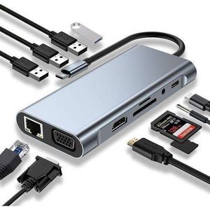 USB HUB 11-in-1 USB-C Adapter Dongle with 4K HDMI, VGA, Type-C PD, USB 3.0, RJ45 Ethernet, SD/TF Card Reader, and 3.5mm AUX Input, Docking Station Compatible with MacBook Pro/Air 