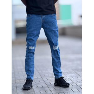 Washed blue men knee cut denim jeans/one cut