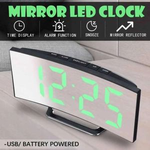  Digital Alarm Clock – Mirror Display, Curved LED,  Dual Power (USB/Battery), Snooze Function, Adjustable Brightness, Bedside Night Clock for Bedroom & Office