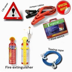 5 in 1 emergency car kit : towing rope, jumper cable ,fire extinguisher,first aid kit & life saver 
