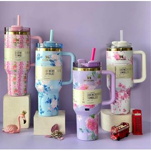 Stanley Cup With Floral Graffiti, Insulated Travel Mug, Durable Stainless Steel Coffee Cup, Leak-Proof Thermal Mug for Hot and Cold Beverages