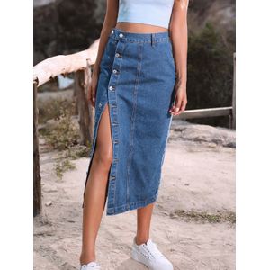 Fashion New Denim Skirt Button Irregular Slit Skirts High Waist Mid-Length  Sexy Skirt