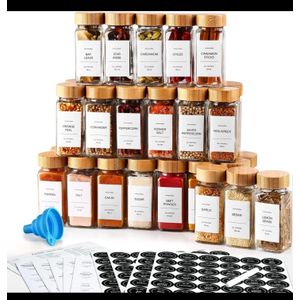 12pcs Glass Spice Jar Set Bamboo Lids+FREE Stickers & Pen