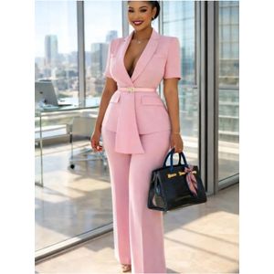 Women’s Elegant Two-Piece Pant Set – Blazer Top & Wide-Leg Trousers