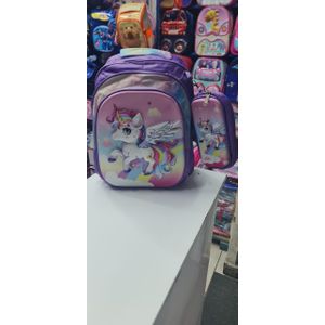Grade 1–7, 2 in 1 Backpack – Unicorn Cartoon Character Print, Purple/Pink