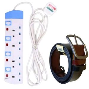 Power King  4 WAY EXTENSION LONG CORD WITH FUSED PLUG – HOME/OFFICE MULTI SOCKET, RELIABLE + FREE DOUBLE SIDED LEATHER BELT