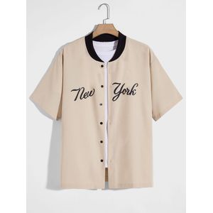 Men’s Short Sleeve Button Shirt – Baseball Collar Casual Summer Shirt – Lightweight Breathable New York Print (Beige)