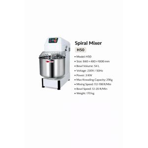 Commercial Spiral Mixer 54L 25Kg Dough Capacity 3kW Bakery Dough Mixing Machine 