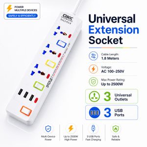 3-Way Universal Extension Socket with 3 USB Port Heavy-Duty 1.8-Meters Power Strip - EX11-R White