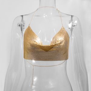 Handmade Summer Sexy Club Femme Fashion Metal Crop Top Backless Bralette  Vest Beach Halter Gold Sequined Party Women Tank Camisole 