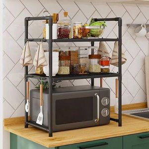 2 Tier Microwave Rack Stand Adjustable Kitchen Storage Shelf Space Saver Durable Metal Organizer for Countertop and Oven Use