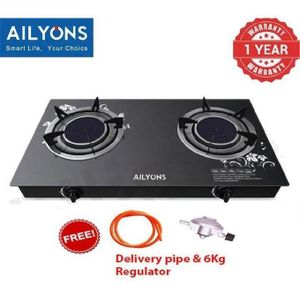 AILYONS Table Top Double INFRARED Burner Glass Gas Stove Cooker + FREE 1. 5M Pipe + 6 Kg Regulator