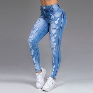 Light Blue Skinny Women Jeans Stretch Butt Lift Ripped Hole Denim