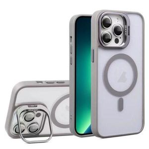 Grey Magsafe Compatible Stand Bracket Transparent Case With Camera Metal Ring Lens Protector For IPhone 13 Pro