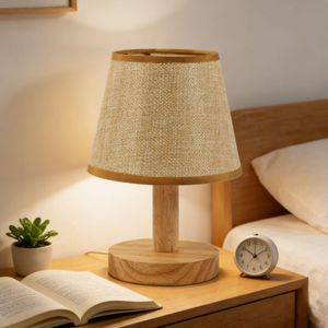 Wooden & Jute Table Lamp 3-Color Remote-Controlled Bedside Night Light