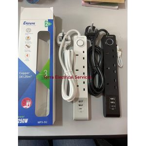 Ensave Extension Cables 3 Way 3 Usb Power Extension Socket Power Cables BS with Surge Protection +Free Type C Cable 