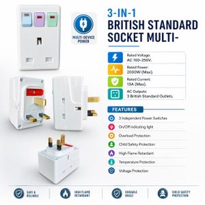 3-In-1 UK British Standard Heavy-Duty Fused Multi Plug Socket Power Strip - With 3 Independent Power Switches - M3SMP-11 White