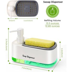 Kitchen Dish Soap Dispenser Set, Dish and Hand Soap Dispenser with Sponge Holder, 3-in-1 Countertop Sponge Dual Soap Pump Dispenser for Kitchen Sink
