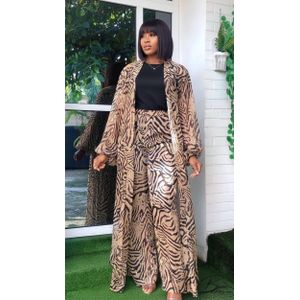 Brown Jello Printed Animal Print Kimono  3pcs Set  Wide pant set, trouser & vest 