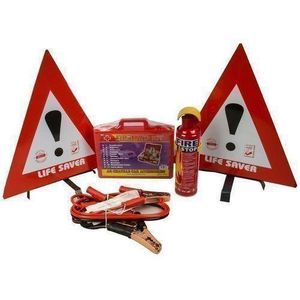 Car Safety Kit 4 in 1- Life Saver Warning Triangles, Fire Extinguisher , First Aid Kit & Jumper Cables