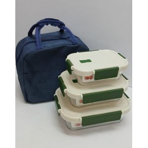 3PC Glass Food Storage Bento Glass Storage Box Snack Box ,Meal Prep Containers with Lunch Bag - 500ml,750ml,1040ml