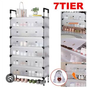 7 Layer Multifunctional Shoe Rack with Dustproof Cover Heavy Duty Stackable Metal Shoe Organizer Cabinet Storage Shelf 140cm Height 66cm Width Holds 21 to 28 Pairs for Home Entryway Bedroom Space Saving Durable Storage Solution