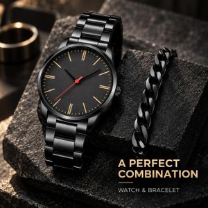 Men's Black Metal Strap Analog Watch with Chain Bracelet Set