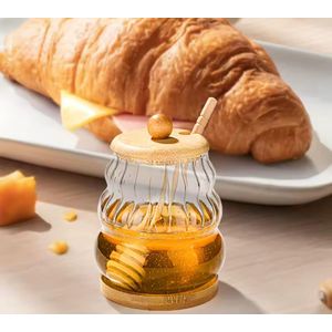 Honey Dispenser Glass Jar with Bamboo Lid Base and Dipper