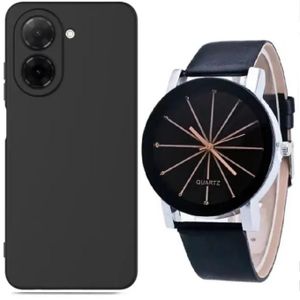 Best Phone Case For All Side Shock Proof Rubberised Back Case Cover For Xiaomi Redmi 13C-Black + Free Watch