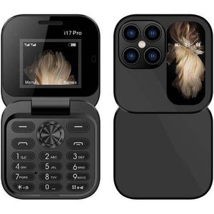 i17 PRO FLIP PHONE DUAL SIM CARD TWO - 2 SIM CARD SLOT BATTERY 1000MAH FM RADIO 1.77 INCH SCREEN DISPLAY FOLDABLE PHONE BLACK 
