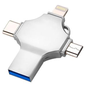 4 in 1 Multi-function OTG USB 3.0 Adapter, Lightning + Type-C + Micro USB + USB-A Port, Portable Metal Phone Flash Drive Reader for iOS & Android & PC