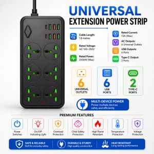 6-Way Universal Extension Socket with 6 USB & 2 Type-C Ports Heavy-Duty 1.8-Meters Power Strip - EX22-F Black