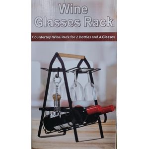 Metallic Countertop Wine Rack & Glass Holder - Stores 2 Bottles & 4 Wine Glasses with Handle