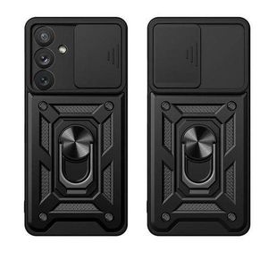 Samsung Galaxy M55 5G Ring Thunder Protective Phone Case, Shockproof Hybrid Kickstand Back Case Defender Cover in Black (Sliding Camera Window)