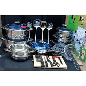 Marwa 30pcs Premium German quality Stainless Steel Cookware Sets Pot Sufuria with Glass Lids, Chopping Board, Knives and Tools 11l) 