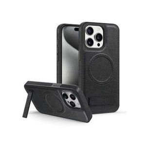 Apple Mocome Premium PU Leather MagSafe Case with Kickstand for iPhone 15 Pro Max – Strong N52 Magnetic Wireless Charging Cover, Shockproof Anti-Slip Protective Phone Case (Black)