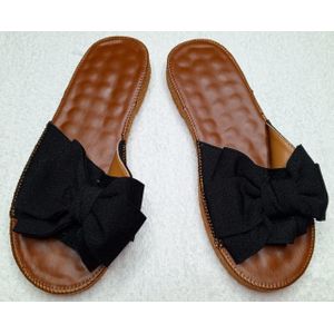 Ladies Black Bow Slide Sandals – Fabric Upper – Natural Rubber Sole