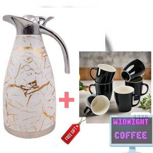 SUNDABESTS Classic Stainless steel 2 litres White Marble vacuum flask plus Free Gift 6pcs Tea Mugs